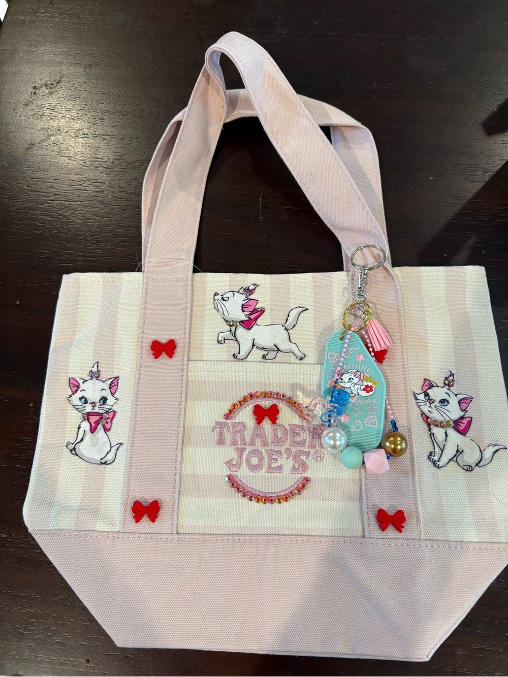 Trader Joe's Pink Stripe Cat Canvas Tote with Charm